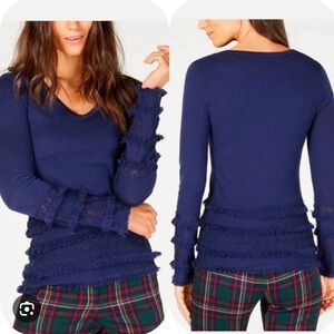 Trina Turk SASS Fringe Trim Merino Wool Round Neckline Knitted Sweater Blue M